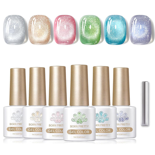 Born Pretty Magnetic Gel Nail Polish Pastel Cat Magnetic Eye Gel Polish Glitter Shimmer Auroras Magnetic Gel Nail Art Manicure Kit 6PCS | alldaygood beauty