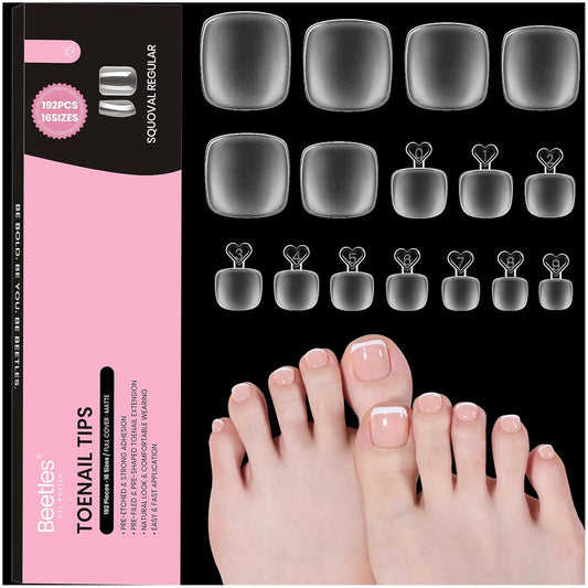 Beetles Toe Nail Tips Square - 16 Sizes 192 Pcs Full Cover Nail Tips Fake Acrylic Toe Nail Pre-etched Double Matte Press on Toenails, Soft Gel Toe Nail Extensions for Women | alldaygood beauty