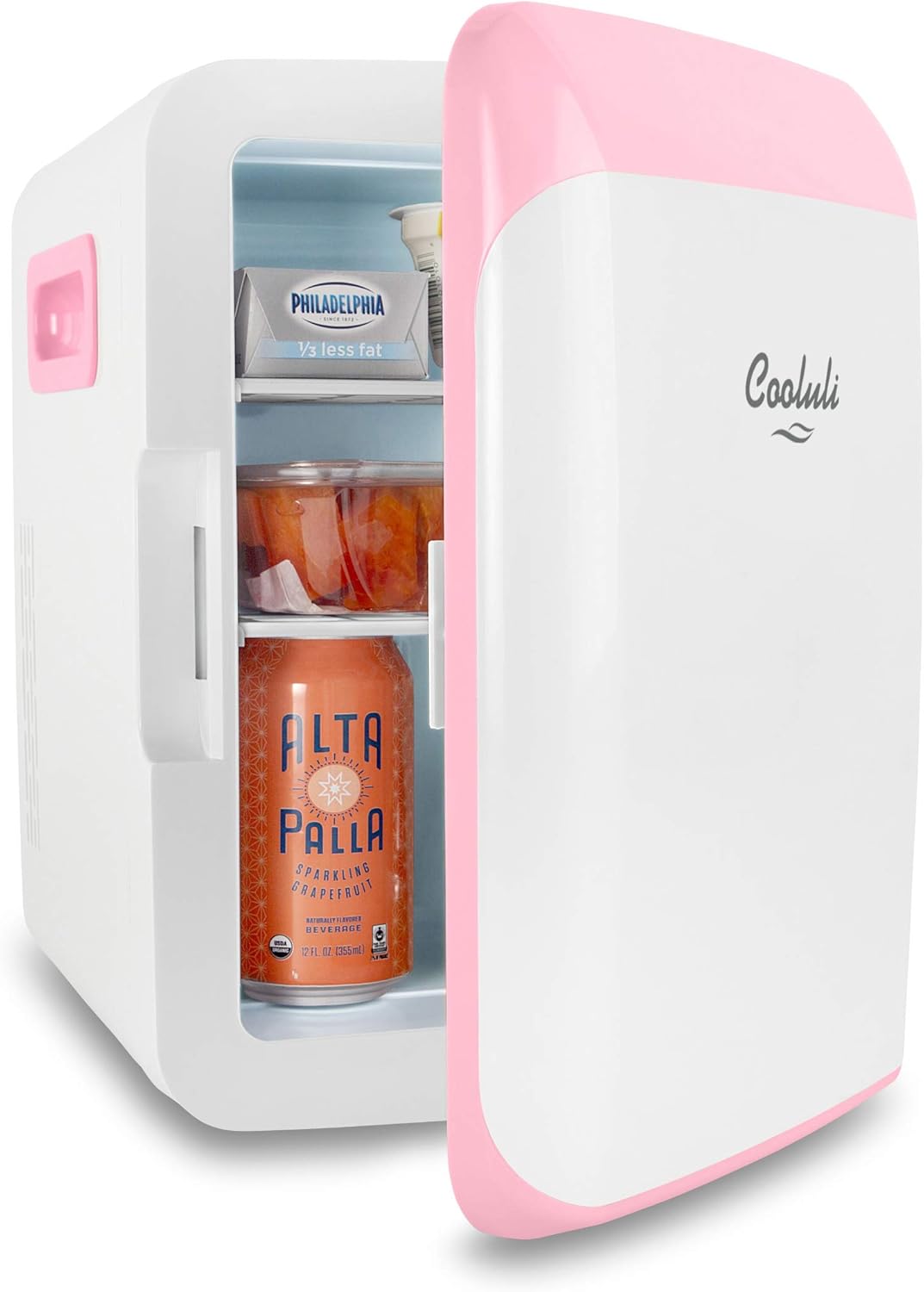 Cooluli 10L Mini Fridge for Bedroom - Car, Office Desk & College Dorm Room - 12V Portable Cooler & Warmer for Food, Drinks, Skincare, Beauty, Makeup & Cosmetics - AC/DC Small Refrigerator (Pink)