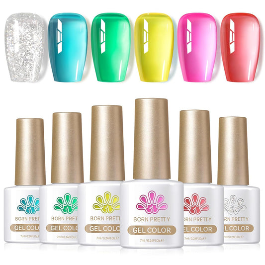 Born Pretty Jelly Gel Nail Polish Set Spring Summer Crystal Glass Translucent Pastel Sheer Gel Polish Pink Green Blue Red Yellow Silver Shiny Glitter Gel Nail Polish Nail Art Gel DIY Gift 6PCS | alldaygood beauty