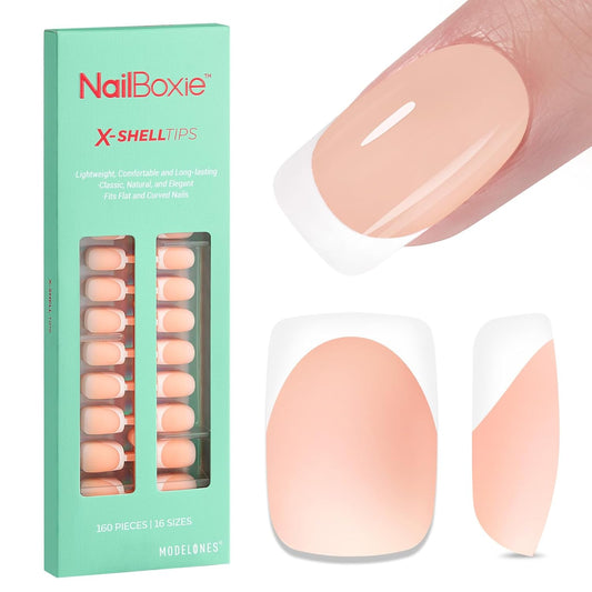 modelones French Tip Press on Nails, Short Square Fake Nails with Nail Box, Nude Gel Nail Tips for Women, Soft Glue-On Nails for Natural Salon Look, DIY Nail Art Kit | alldaygood beauty