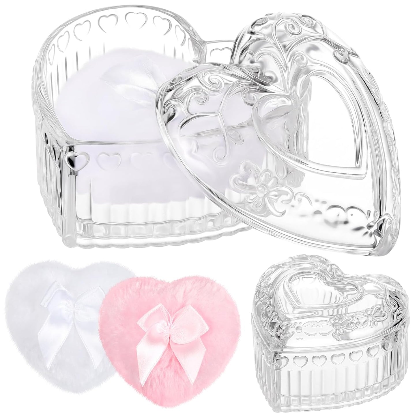 Tioncy 3 Pcs Large Body Powder Puff and Powder Container with Puff Crystal Container Soft Washable Reusable Velour Face Body Glitter Wet Dry Makeup Heart (Clear)