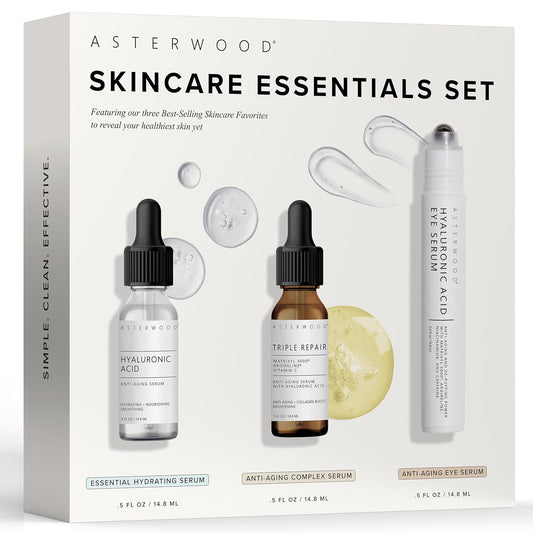 Asterwood Skin Care Set - with Hyaluronic Acid & Triple Repair Serums, Under Eye Serum - Skincare Essentials - Hydrating, Moisturzing, Anti-Aging - Fragrance-Free | alldaygood beauty