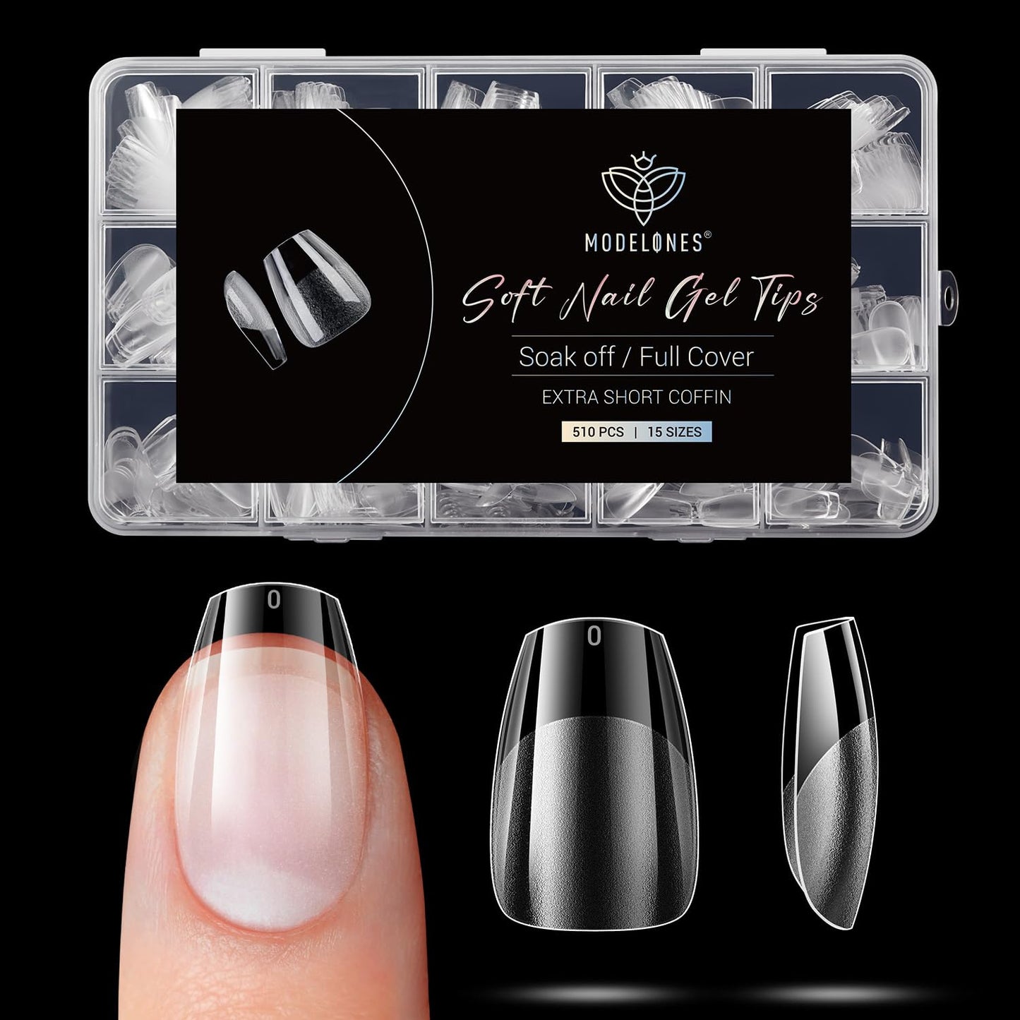 Modelones Extra Short Coffin Fake Nail Tips - 510Pcs Gel Tips Pre-shaped Half Matte Full Cover Clear Acrylic Gel Kit False Press on Nails for Extension DIY Salon 15Sizes