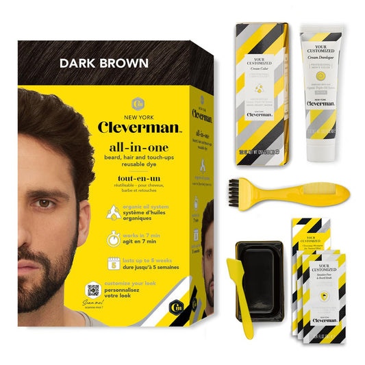 Cleverman Dark Brown Hair & Beard Dye Kit for Men - Natural-Looking Gray Coverage, Professional-Quality, Ammonia-Free for Hair, Beard & Mustache