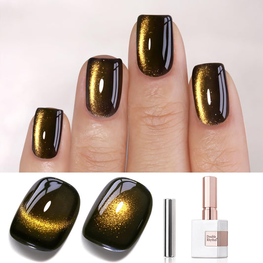 Double Rhythm Cat Eye Gel Polish with Magnet 15ML Glass Holographic Glitter Shimmer Translucent Sheer Color Salon Soak Off Magnetic at Home (Black Gold-MC1146) | alldaygood beauty