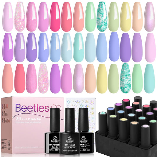 Beetles Pink Gel Nail Polish Set, 20 Color Macaron Colors Bright Pink Green Pastel Nail Polish Kit with Base Gel Glossy & Matte Top Coat Soak off Uv Nail Art Halloween Gifts for Women | alldaygood beauty