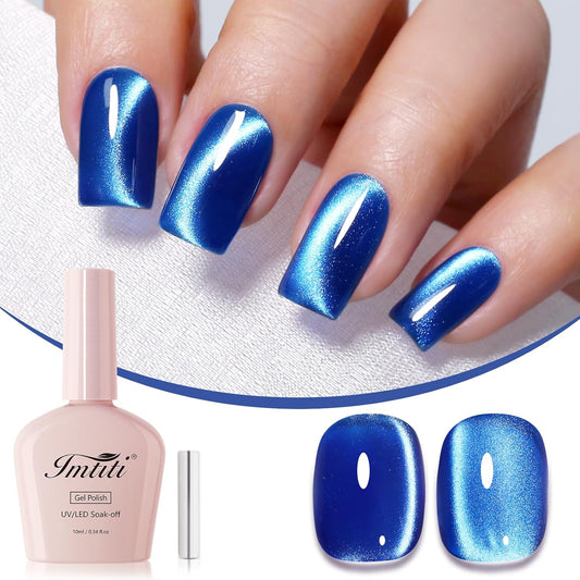 Imtiti Blue Cat Eye Gel Nail Polish, Moonlight Sea Blue Holographic Crystal Diamond Glitter Magnetic UV Soak Off Gel Nail Polish with Magnetic Stick (0.34 Fl Oz-948) | alldaygood beauty