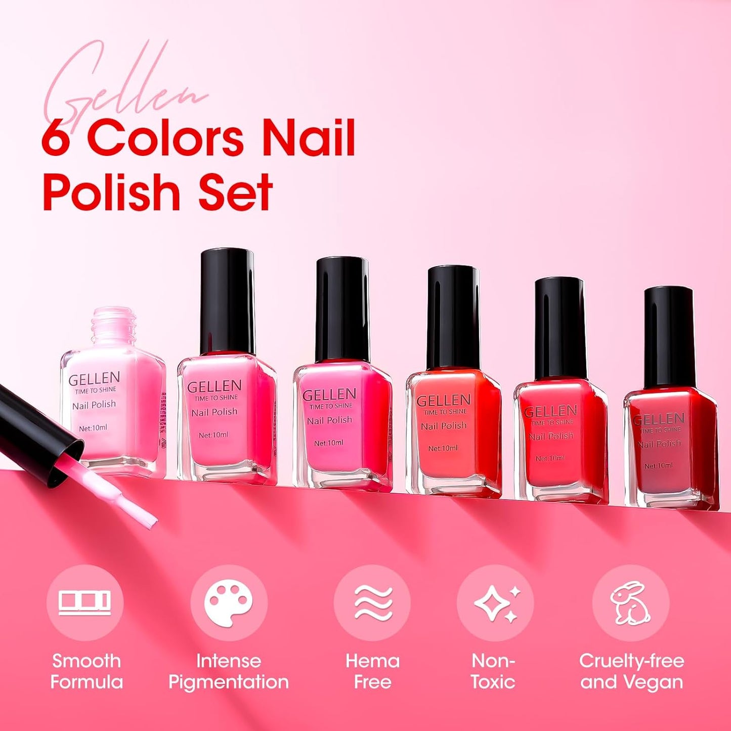 GELLEN Red Pink Nail Polish, Quick Air Dry Natural Traditional Regular Nail Polish Bright Red Hot Pink Set for Acrylic Natural Nails Home Salon, Non UV Gel, Chip Resistant, Hema Free, Non-toxic, 10ml