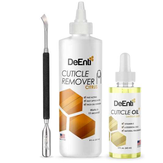 DeEnti Cuticles Maintenance Pack, Bundle Includes Citrus Scented Cuticle Remover, Cuticle Oil for Nails, and Metal Pusher Tool, Salon Grade Nail Care, Home Manicure and Pedicure Kit | alldaygood beauty