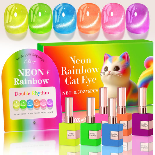 Double Rhythm Cat Eye Gel Nail Polish Set of 6 Same Color Same Bottle 0.5 Oz Shimmer Glitter with Magnet Holographic Reflective Magnetic UV Polish Kit at Home (Neon Orange Red Blue Green-T6-34) | alldaygood beauty