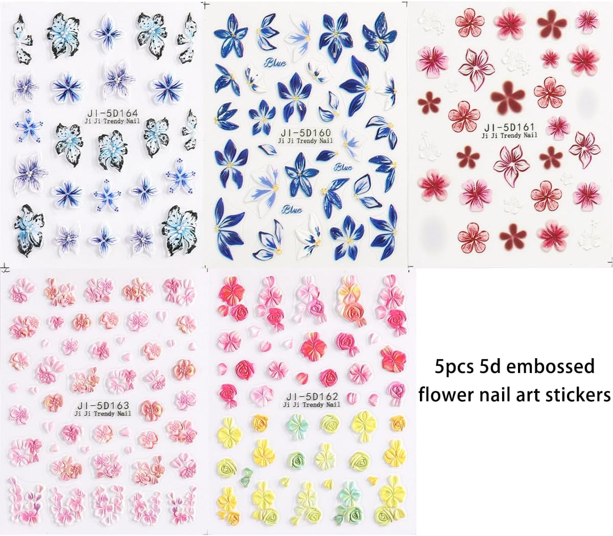 Blue Flowers Stickers for Nails 5D Embossed Flower Nail Stickers Lily Hibiscus Cherry Blossom Rose Floral Nail Decals Self Adhesive Nail Wraps Spring Summer Nails Pegatinas para Uñas 5 Sheet