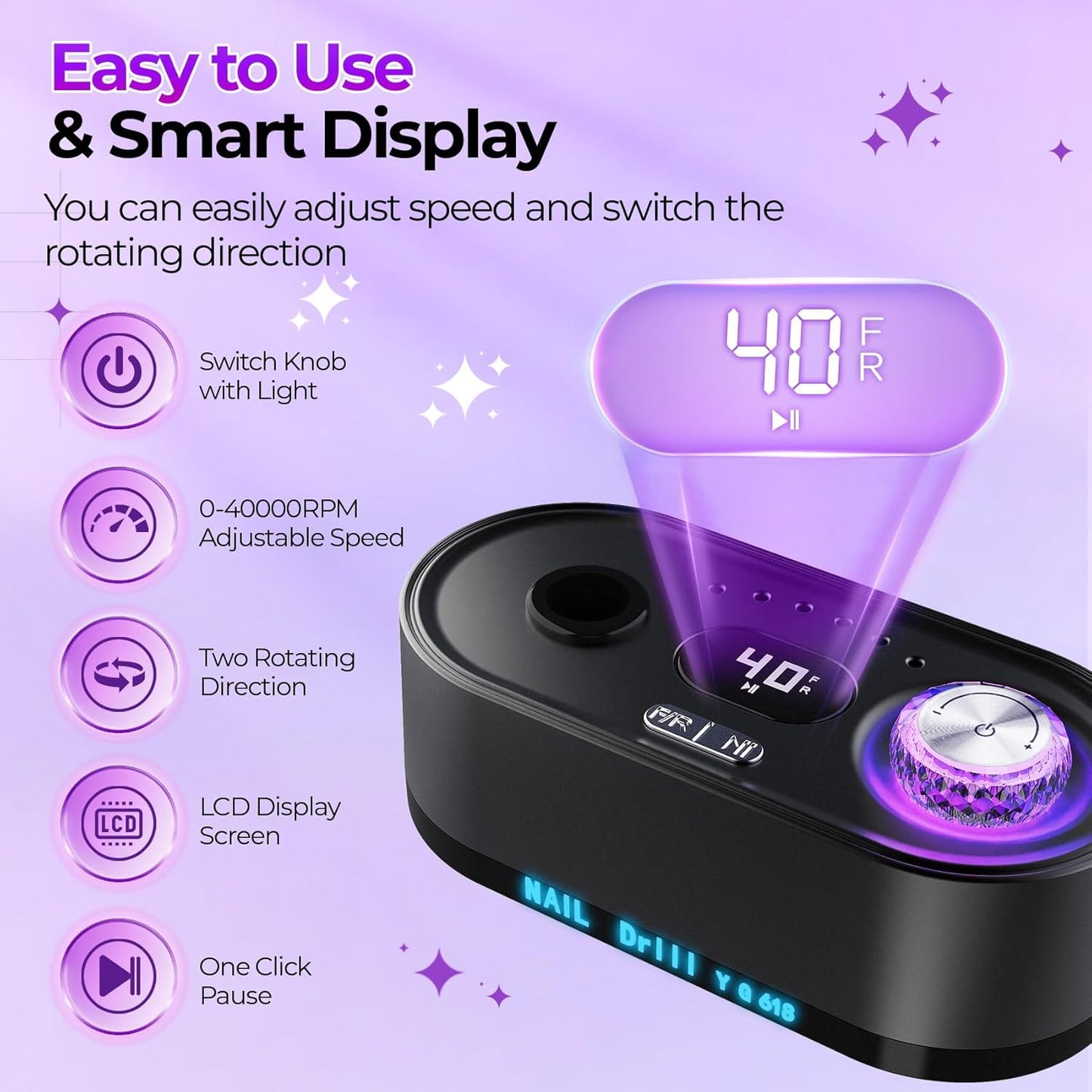 Nail Drill Electric File: 40000RPM Professional E File Kit E File Machine Filer for Shaping, Buffing, Removing Acrylic Gel Nails, Manicure Pedicure Kit with 12Pcs Nail Bits, Home Salon Use