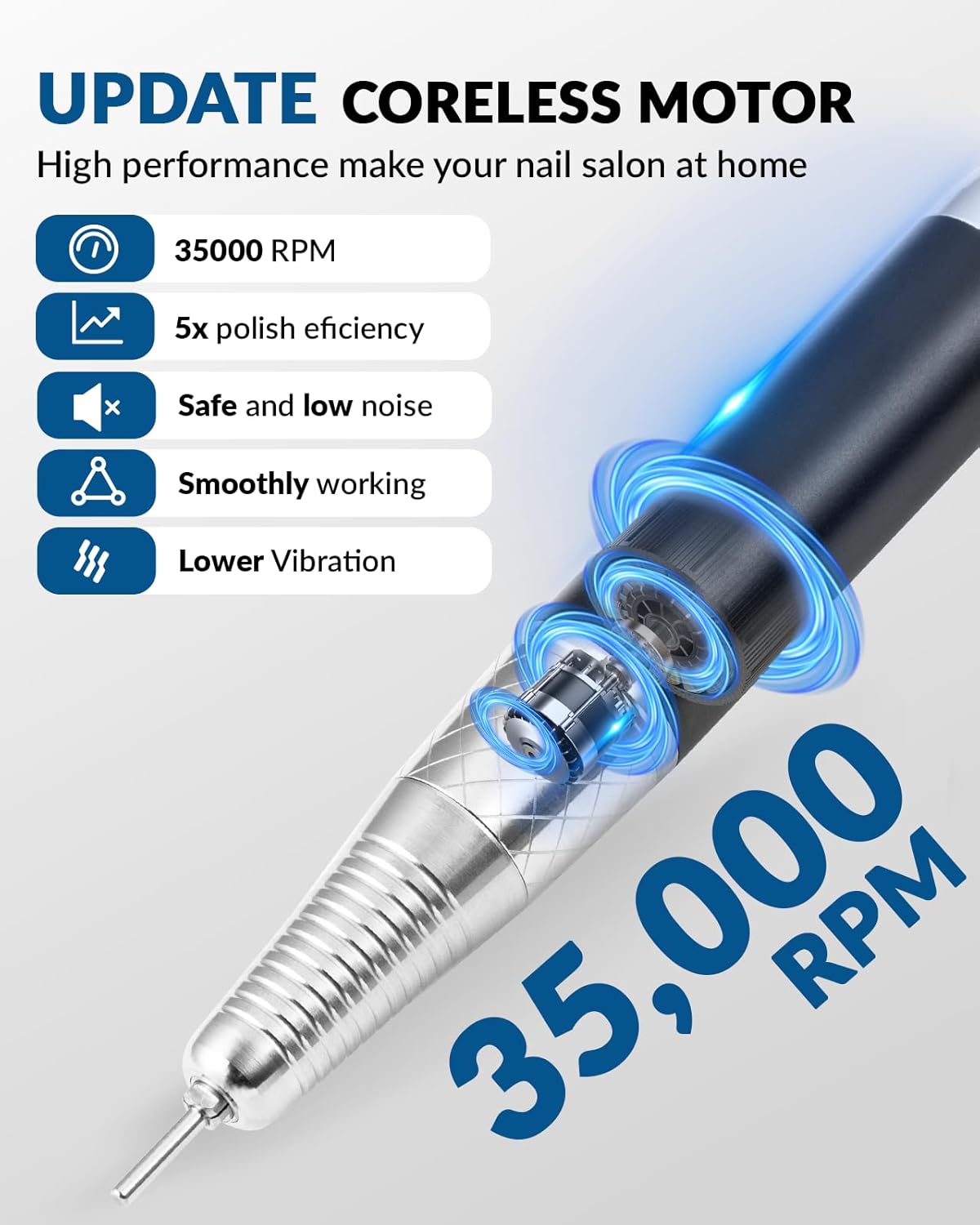 BAOSHISHAN Professional Electric Nail Drill Machine, Portable 35000RPM Rechargeable Cordless Efile With Case for Acrylic Gel, Home Salon, 11pcs Drill Bits