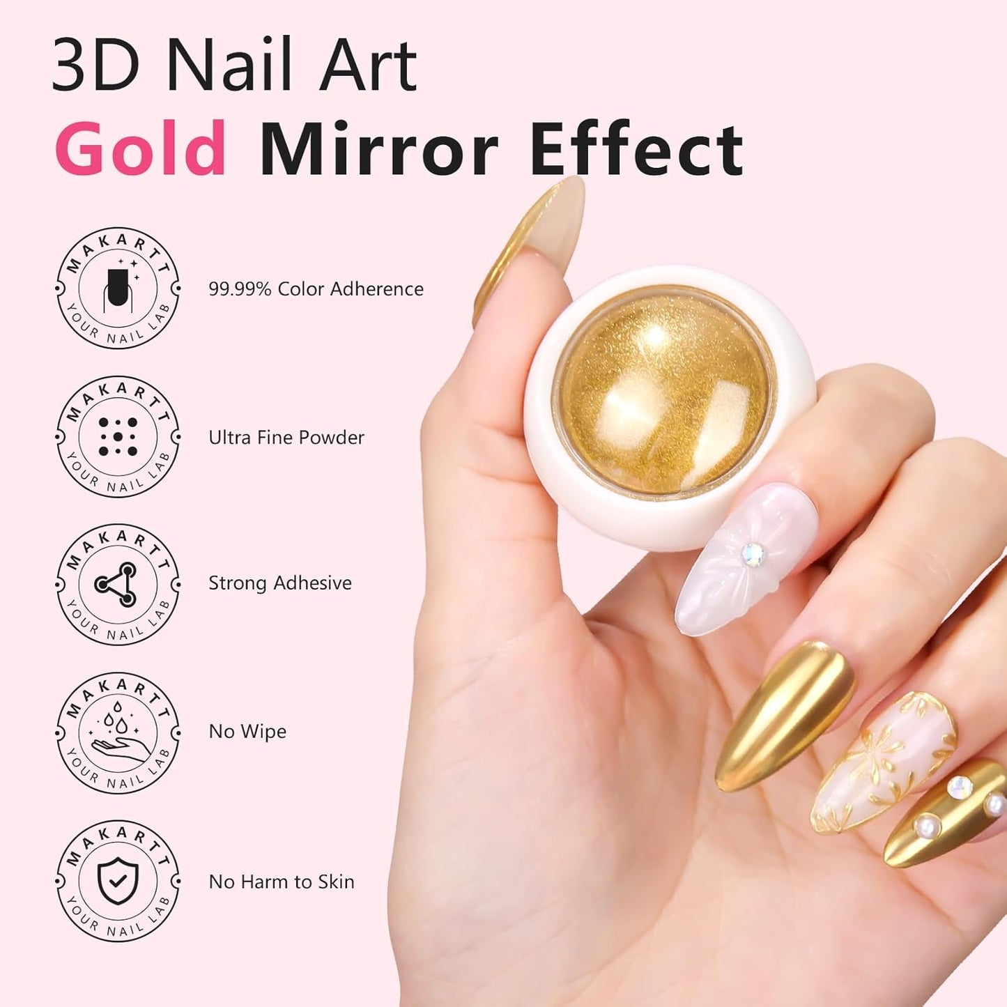 Makartt 3D Gel Nail Art with Gold Chrome Nail Powder Kit: Clear Molding Gel for Nail Art 15g Sculpting Glue Polish and Metallic Effect Mirror Powder Set for Nail Decoration Manicure Charms