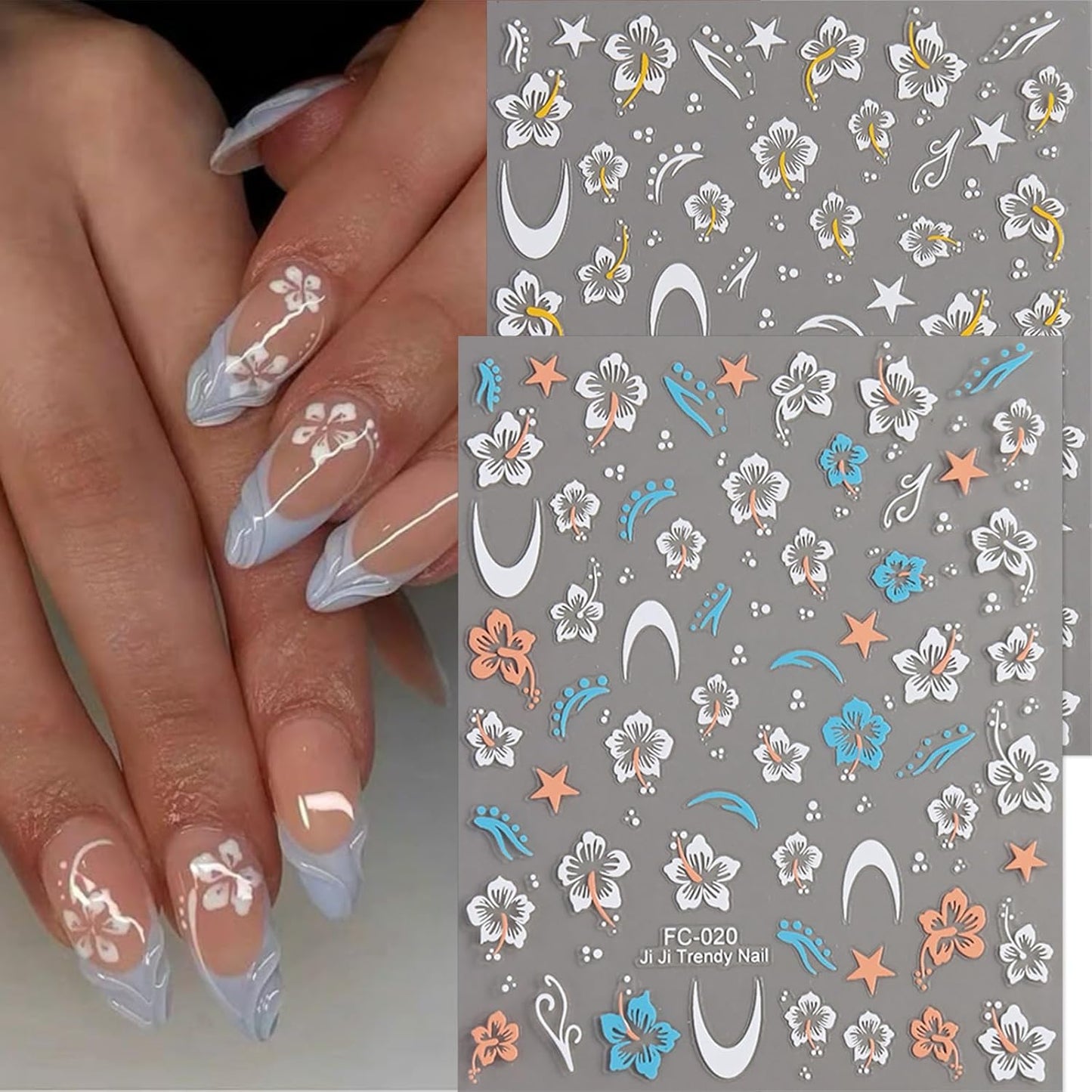 Flower Nail Stickers Fall Nail Decals 6PCS 3D Self-Adhesive White Yellow Blue Orange Floral Nail Design Autumn Nail Art Supplies DIY Acrylic Nail Art Decorations Accessories Flowers Sticker for Women