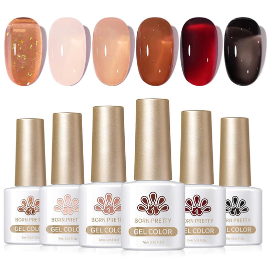 Born Pretty Jelly Gel Nail Polish Set Fall Winter Brown Blood Red Burgundy Black Gel Polish Sheer Milky Nude Transparent Halloween Gel Polish Set Nail Art Varnish Manicure Collection Gift 7ML 6PCS | alldaygood beauty