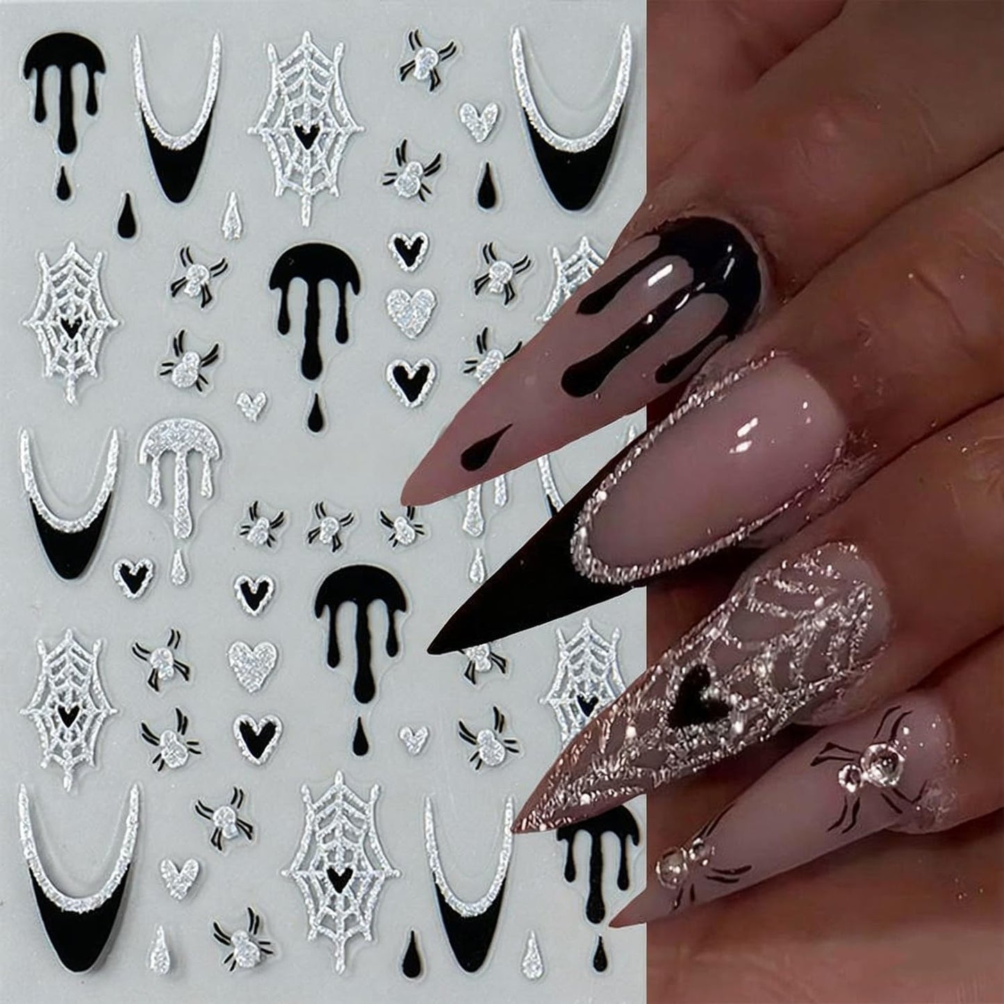 Spooky Halloween Art Nail Stickers Decals Gold Skull Nail Decals 6PCS 3D Self-Adhesive Glitter Spider Web Heart Skeleton Butterfly Design Supply Gothic Festive Stickers for Women DIY Nail Decorations