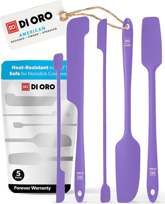 DI ORO Silicone Jar Spatulas for Scraping - Rubber Spatulas Silicone Heat Resistant - Kitchen Spatulas Nonstick Cookware Safe - Silicone Utensil Set for Blenders, Mixing, & Baking, (5pc, Lavender)
