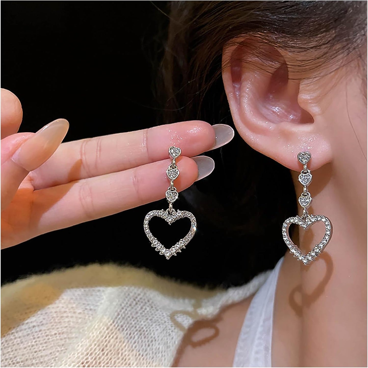 Vintage Rhinestone Heart Dangle Earrings Long Crystal Heart Earrings Silver Hollow Heart Drop Earrings Cz Love Heart Stud Earrings Jewelry for Women