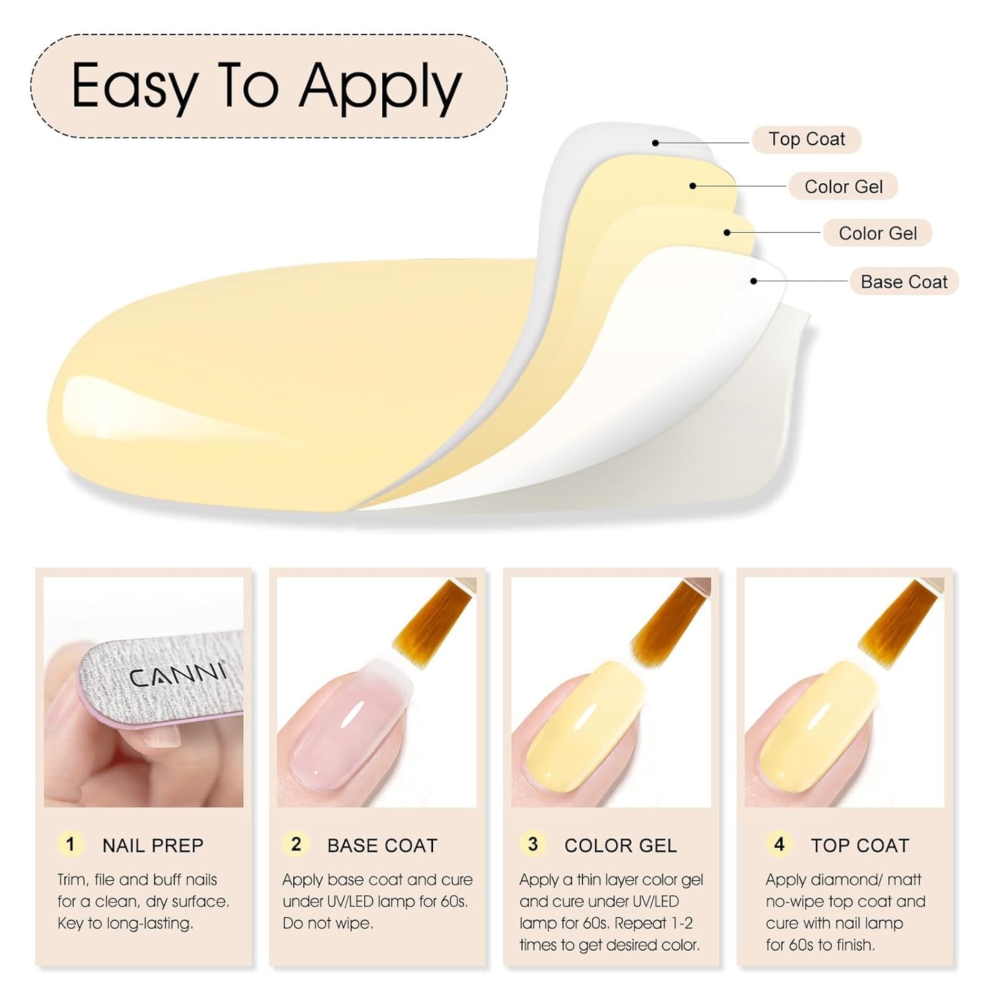 CANNI Pastel Yellow Nail Gel Polish, 1Pcs Butter Yellow High Gloss Soak Off UV Nail Polish Gel French Manicure Salon DIY