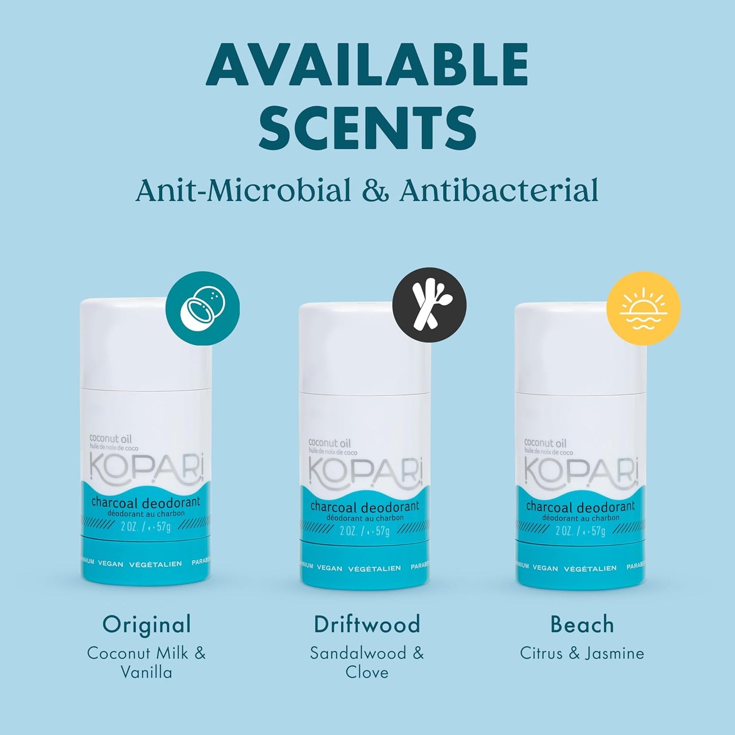 Kopari Aluminum Free Coconut Deodorant, Non Toxic & Clean Plant-Based, No Parabens or Baking Soda, Long Lasting Protection, Original & Charcoal 2 Pack