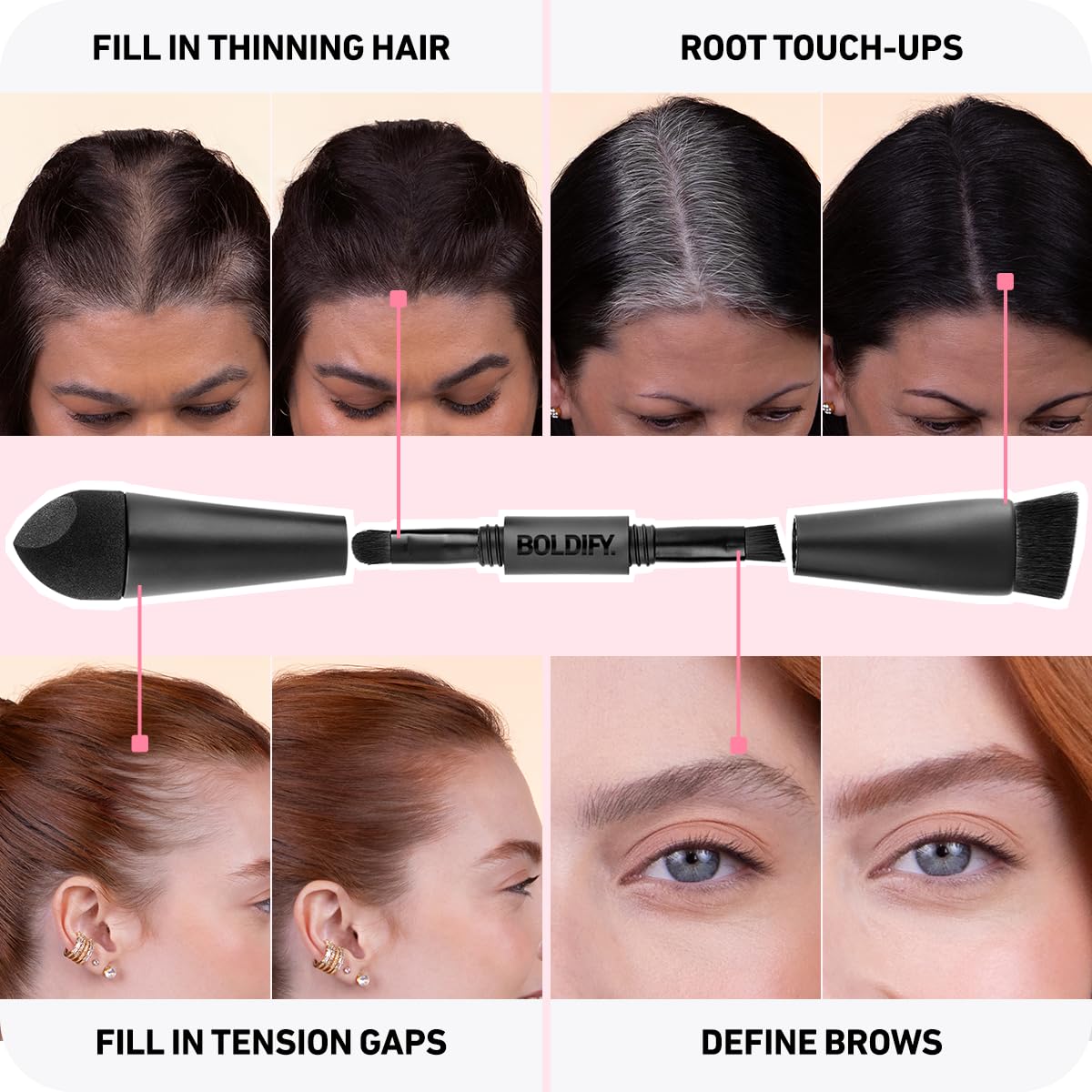 BOLDIFY Four Ended Hairline Powder Brush - Precision Hair Makeup Brush Set with Sponge Tip for Seamless Blending - Ideal as a Hair Concealer/Contour, Root Touch Up