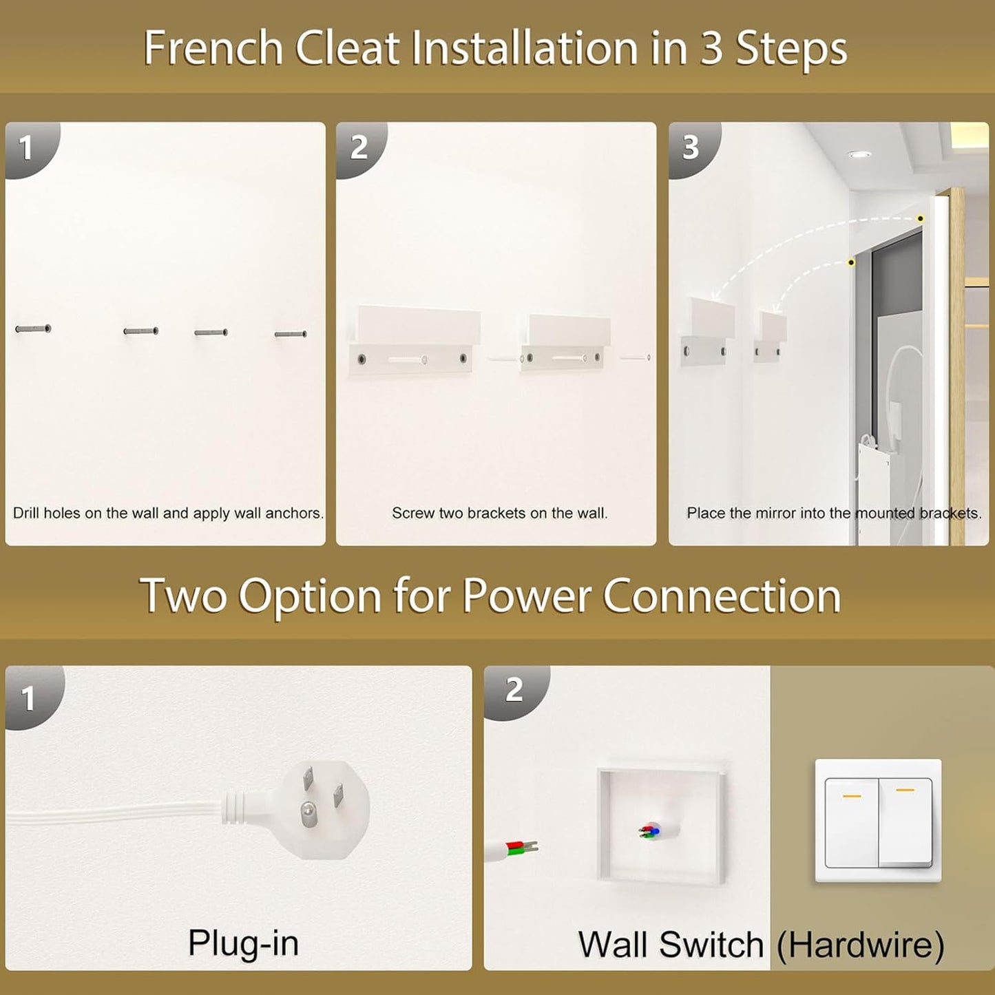 OKPAL 28x36 Gold LED Bathroom Mirror with Lights, Frontlit & Backlit Metal Framed Mirror, Lighted Bathroom Vanity Mirror, Anti-Fog, Dimmable 3 Colors, Shatterproof, Horizontal/Vertical