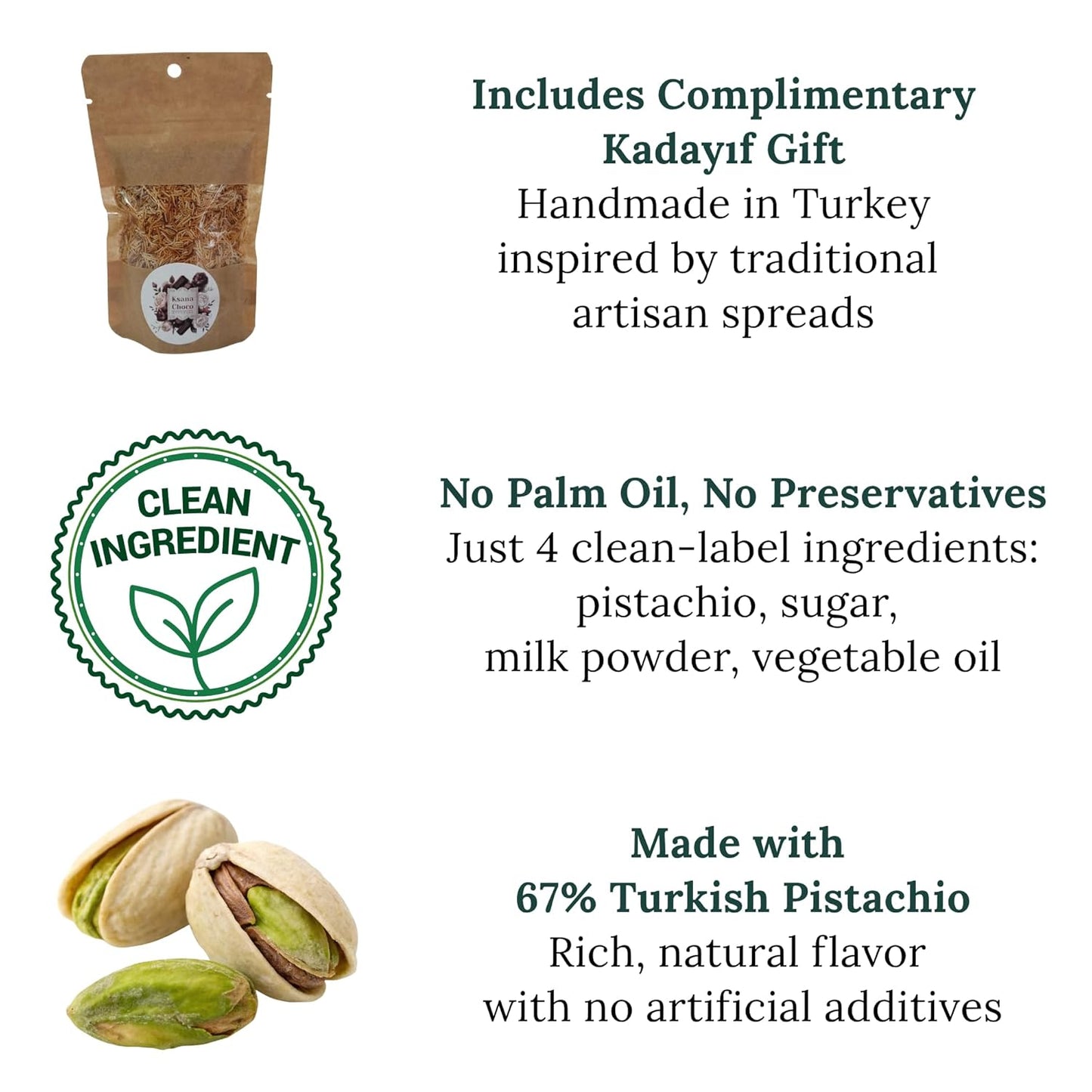 Ksana Choco Pistachio Cream – 67% Turkish Pistachios, 12.3 oz – Palm Oil Free, Handmade Spread – With Free Roasted Kadayif – Perfect for Dubai Chocolate