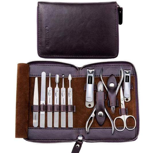 FAMILIFE Manicure Set, Nail Clippers Set Professional Manicure Kit 11 in 1 Stainless Steel Pedicure Tools Nail Kit Mens Grooming Tool with Portable Leather Travel Case Dark Violet Birthday Gifts | alldaygood beauty