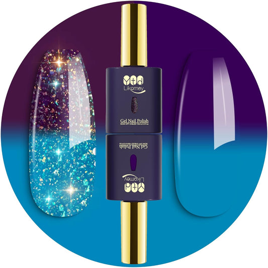YTD Likomey Color Changing Gel Nail Polish 2 Pcs Set,15ml Turquoise To Dark Purple Color and Glitter Nails Gel Kit,Thermal Ombre Change Colors Salon Manicure Fall Winter UV Nail Varnish,WB2-6 | alldaygood beauty