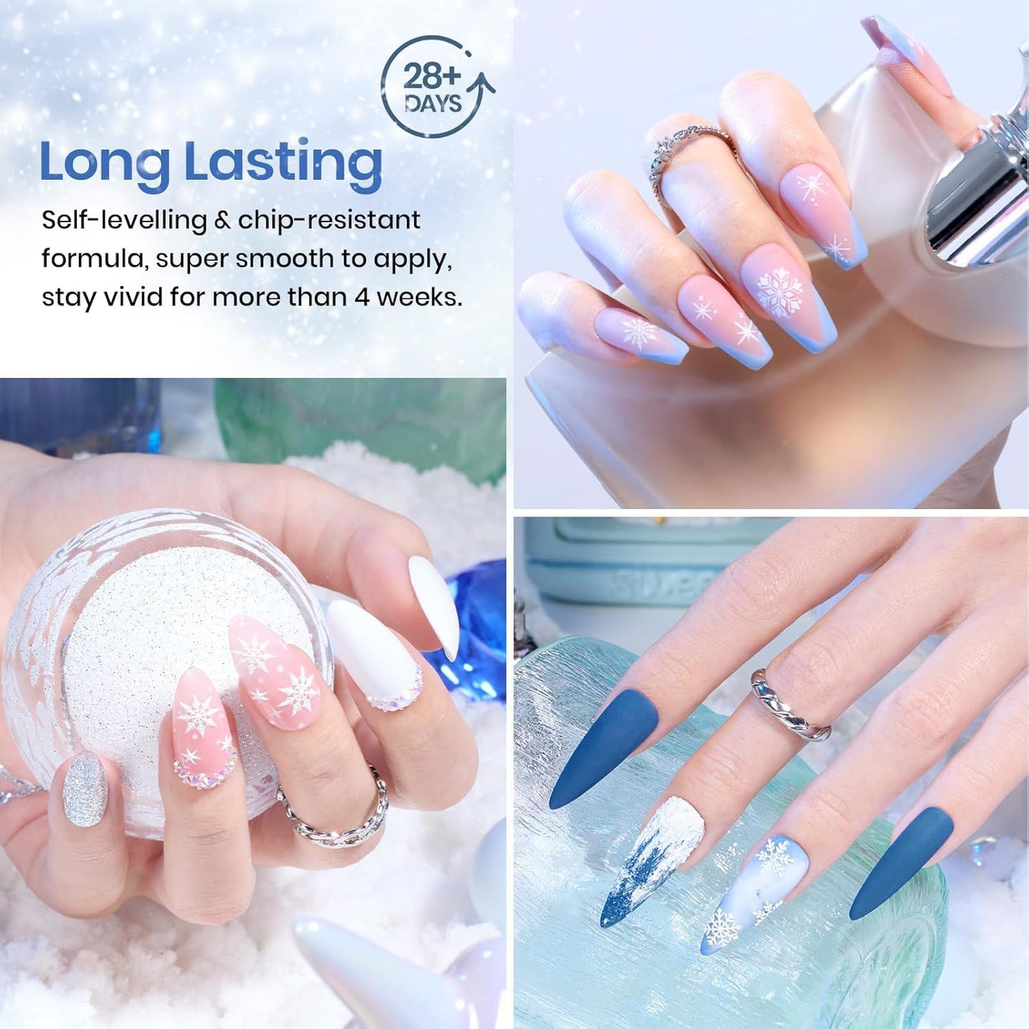 Beetles Blue Gel Polish Set, Glitter Snowflakes Collection Christmas Polish Set, White Glitter Navy Blue Silver Nails Color Gel Soak off UV LED Lamp Gift for Christmas