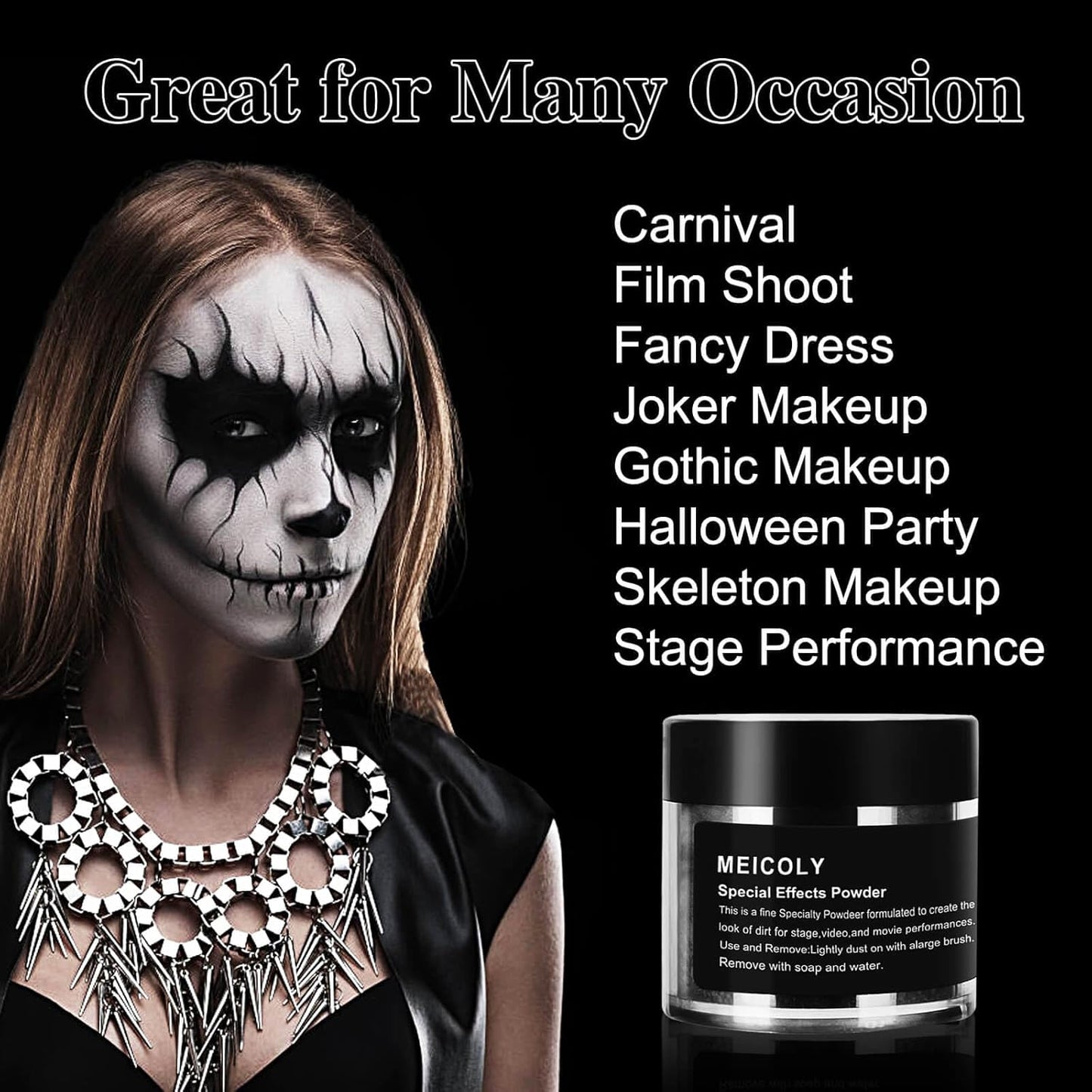 MEICOLY Black Special Effects Powder,Ultrafine Loose Dirt Powder for Stage,Video and Movie Performances,Professional Special Effect Makeup Powder for Halloween,Charred Ash,0.88Oz