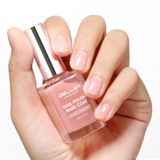 GELLEN 4‑in‑1 Clear Nail Polish Base Coat Sheer Tinted Natural Pink, Ridge Filler, Nail Strengthener & Concealer, Calcium Formula Strengthens Nails, Enhances Natural Look, No HEMA, Anti-yellowing | alldaygood beauty