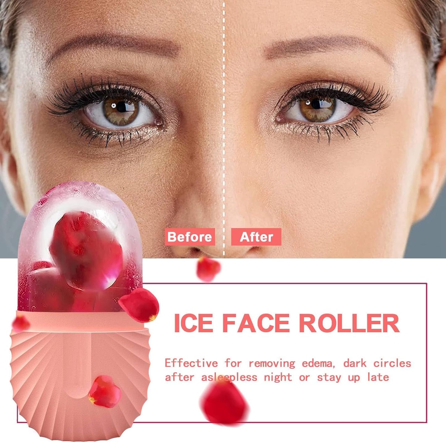 KOGITI Face Ice Roller & Mold - Beauty Facial Massage Tool for Puffiness Relief, Ice Cube Holder (Shell-Pink)