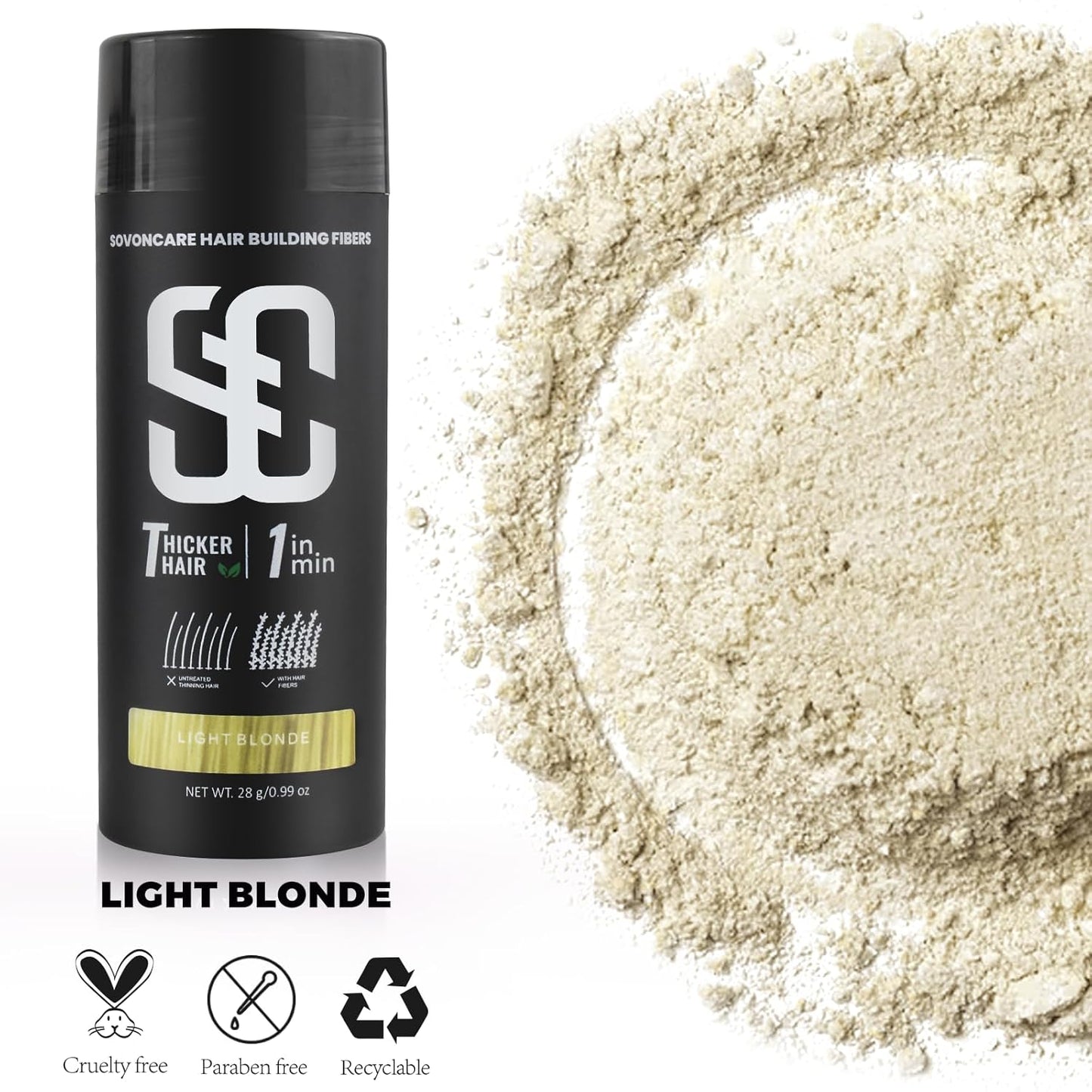 SOVONCARE Hair Fibers for Thinning Hair Light Blonde, Hair Building Fibers for Bald Spots Undetectable & Natural, Conceals Hair Loss Fill In Fine Hair Powder Hair Thicker Instantly for Women & Men 28g