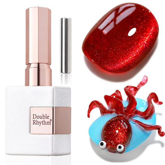 Double Rhythm 15ML Ice Glass Cat Eye Gel Polish with Magnet Holographic Glitter Shimmer Translucent Sheer Color Salon Soak Off Magnetic Nail at Home (Red Glitter-MC1108) | alldaygood beauty