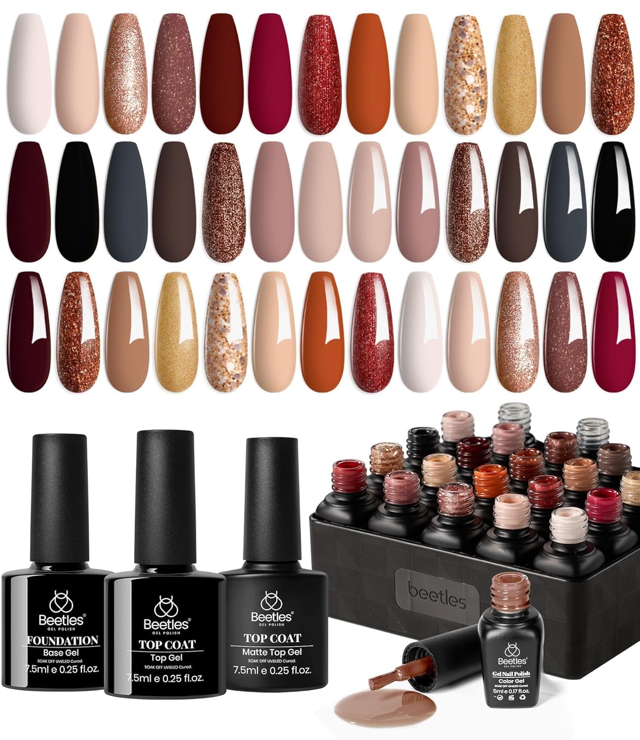 Beetles Gel Nail Polish Kit, 23Pcs Fall Nude Pink Brown Burgundy Red Gel Polish Set with Base Top Coat Verse of Roses Kit, Soak off Uv Gel Golden Glitter Holiday Nail for Women