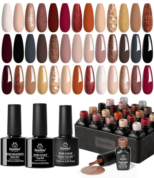 Beetles Gel Nail Polish Kit, 23Pcs Fall Nude Pink Brown Burgundy Red Gel Polish Set with Base Top Coat Verse of Roses Kit, Soak off Uv Gel Golden Glitter Holiday Nail for Women | alldaygood beauty