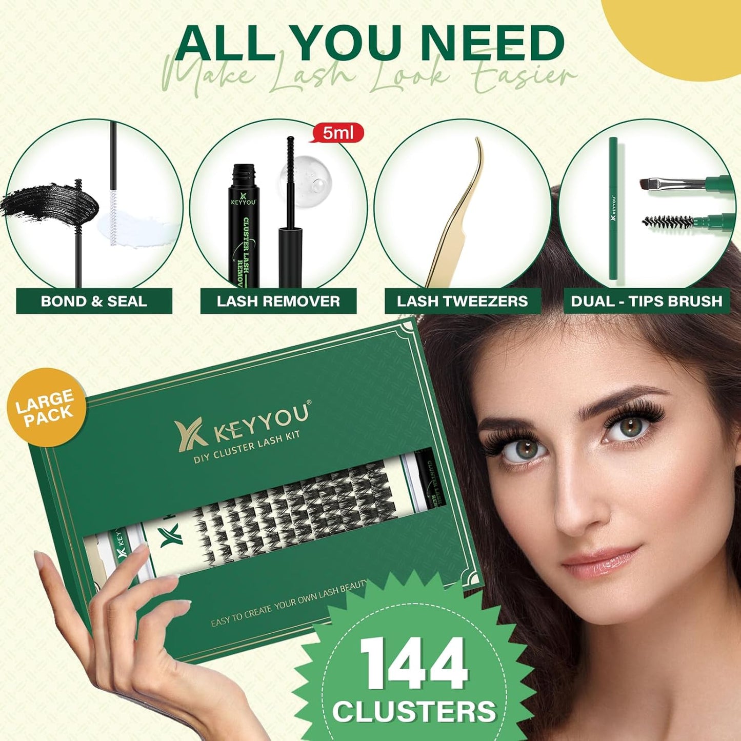 DIY Lash Extension Kit KEYYOU 144pcs Lash Clusters Eyelash Extension Kit with Mascara Brush Bond and Seal Lash Remover Lash Applicators Lash Brush for DIY Lash Extensions (Y22 Kit)