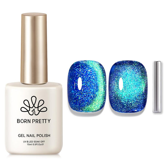 Born Pretty Cat Magnetic Eye Gel Nail Polish, Blue Glitter Cat Magnetic Gel Nail Polish, Holographic Magnetic Nail Polish for Nail Art Manicure Salon DIY at Home 15ML | alldaygood beauty