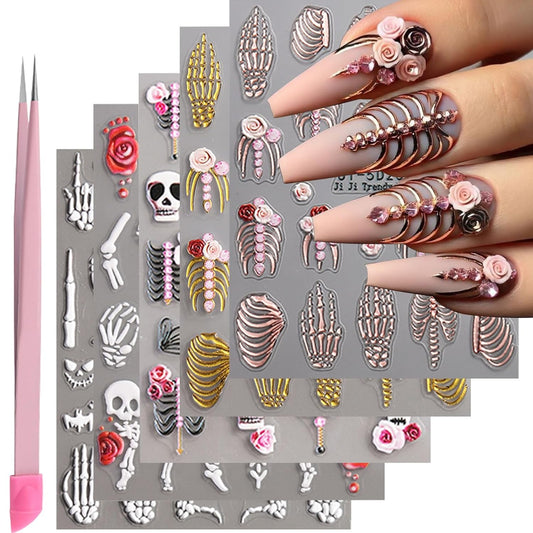 5 Sheets Halloween Nail Art Stickers Decals 5D Nail Decals Gold White Bone Pattern Sticker Self-Adhesive Skull Nails Supplies Accessories 3for Women Halloween Nails DIY Decoration