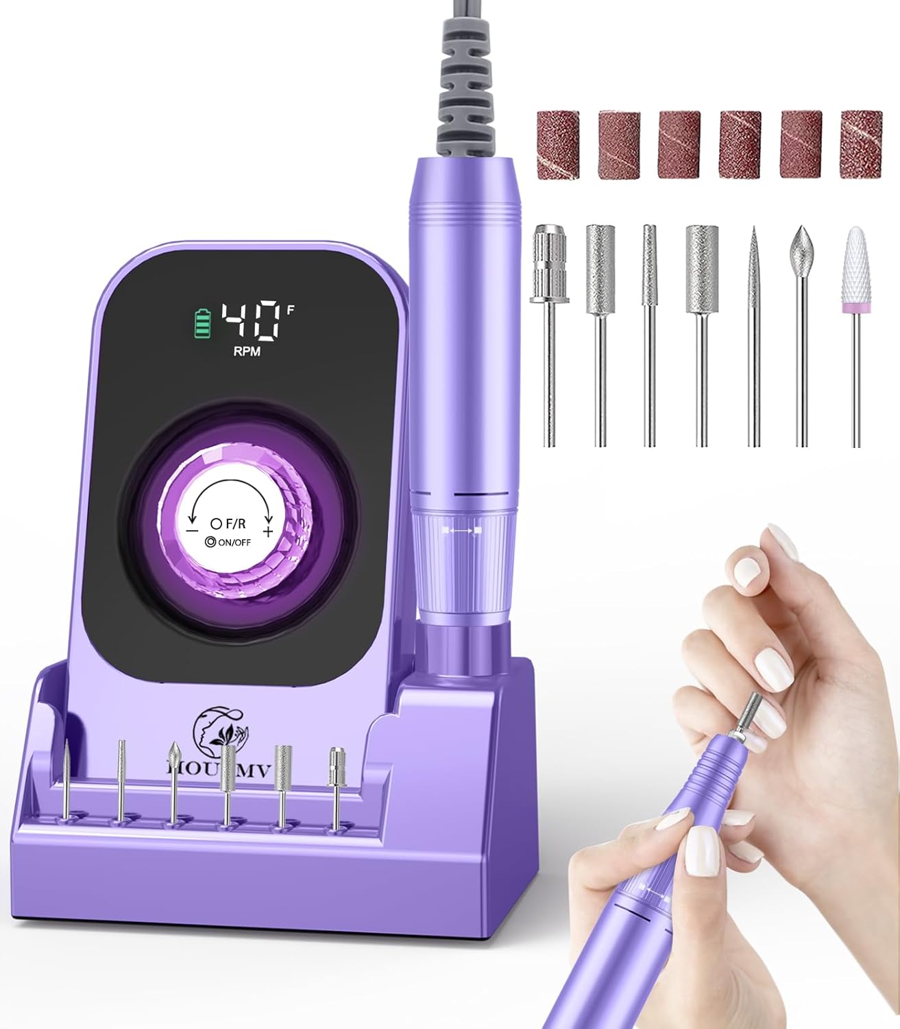 Portable Electric Nail Drill Machine: Professional Nail File Machine 40000RPM, Rechargeable Cordless Nail-E File with Bits & Base for Acrylic Nails Remove Gel Polish Manicure Salon Home, Light Purple