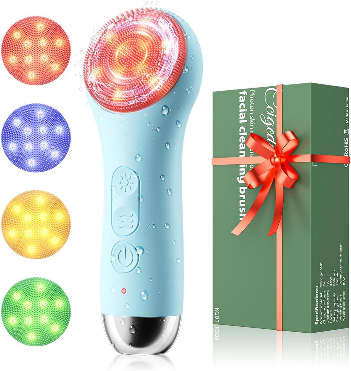 Facial Cleansing Brush: Rechargeable LED Electric Face Cleansing Brush with 4 Gentle Light Liquid Silicone Modes Face Scrubber Exfoliator,IPX7 Waterproof Ideal Gift for Men and Women-Blue