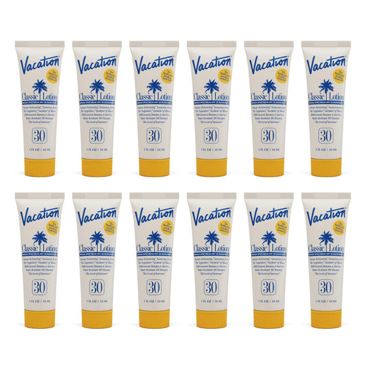 Vacation Mini Classic Sunscreen SPF 30, Water-Resistant, Bulk Suntan Lotion, Bachelorette Party Favors, Beach Must Haves, Traveling Essentials, Travel Size, 1 Fl. Oz. (Value Pack of 12) | alldaygood beauty