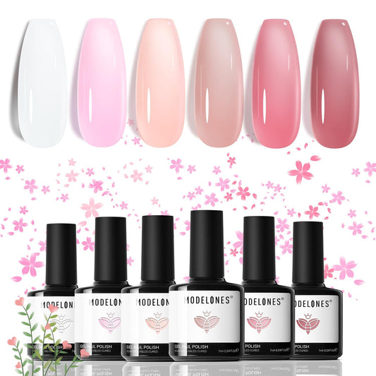 modelones Gel Nail Polish Set, 6 Colors Jelly Gel Polish White Nude Pink Neutral Translucent Nail Polish Soak Off LED Lamp Cured Soapnails Manicure Salon DIY Girl Women Gift | alldaygood beauty