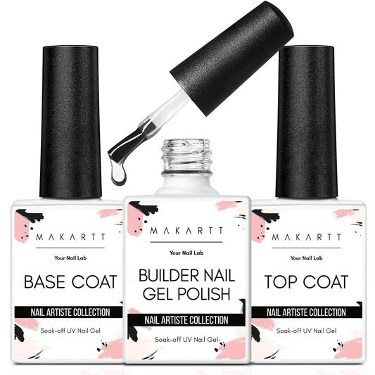 Makartt 3Pcs Builder Nail Gel with Top and Base Coat, Clear Gel Builder Kit for Nails Apex Building Thickening Strengthener Extension Rhinestone in a Bottle, UV Light Lamp Required | alldaygood beauty