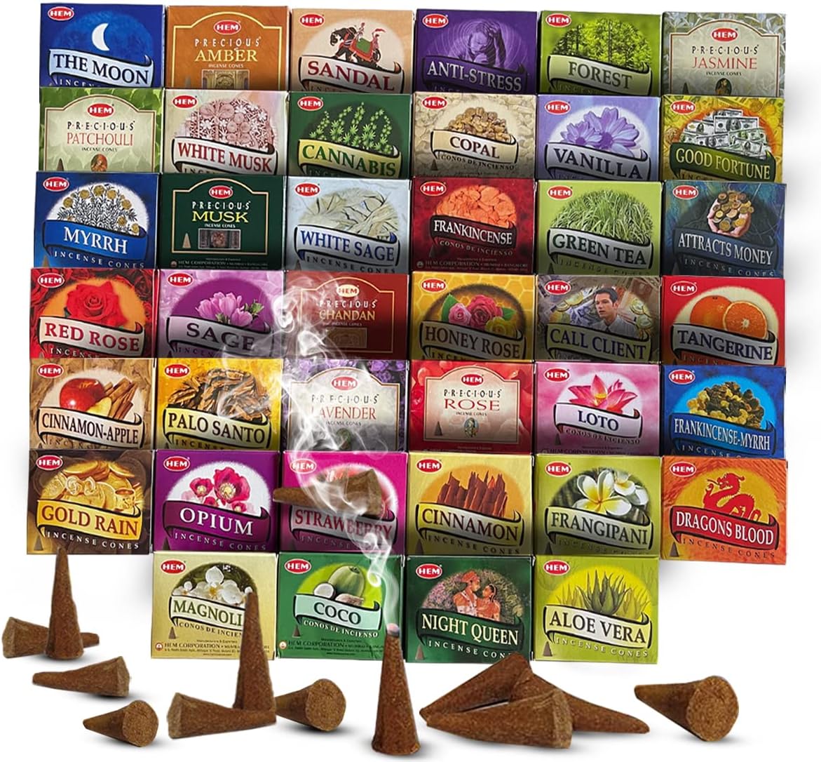 Hem Incense Cones Variety Pack of 12 Randomly Selected Fragrances and Incense Cone Holder Bundle Total 120 Cones