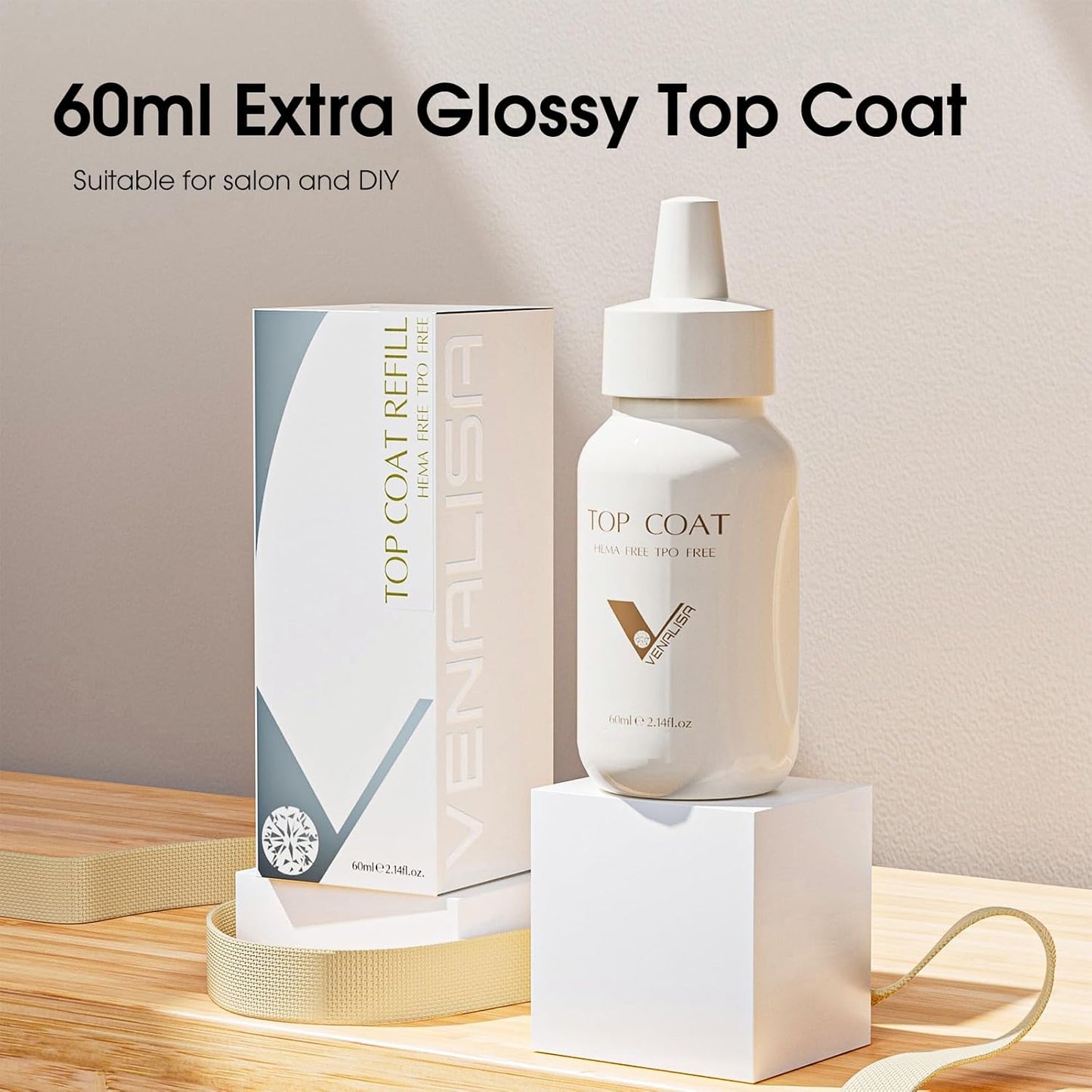 VENALISA 60 ML No Wipe Gel Top Coat- High Gloss Shiny Long Lasting Top Coat Clear Gel Nail Polish, Soak Off Nail Art Home and Professional Manicure