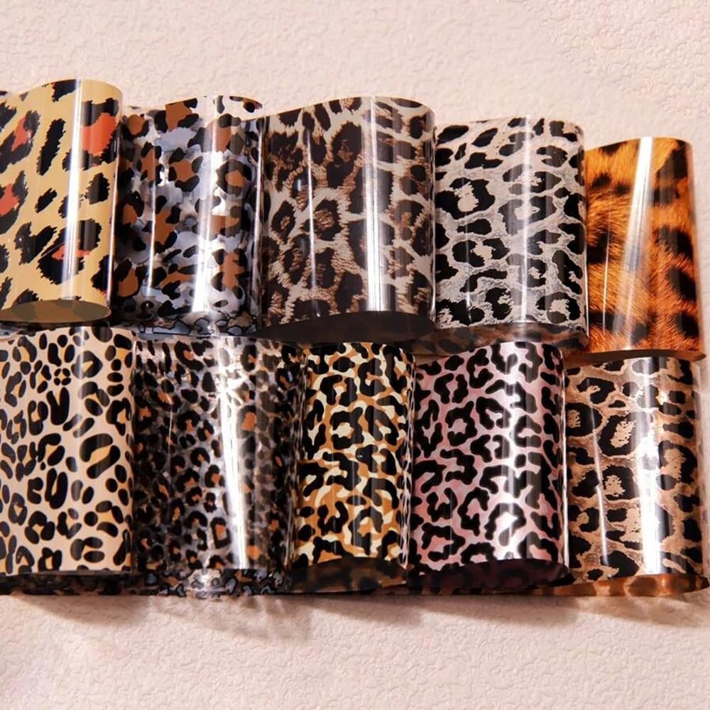 Leopard Print Nail Art Foils Transfer Stickers 10Pcs Leopard Snake Print Nail Foils Adhesive Decals Nail Supplies Laser Starry Sky Paper Manicure Accessories for Women Fall Nail Art Decorations